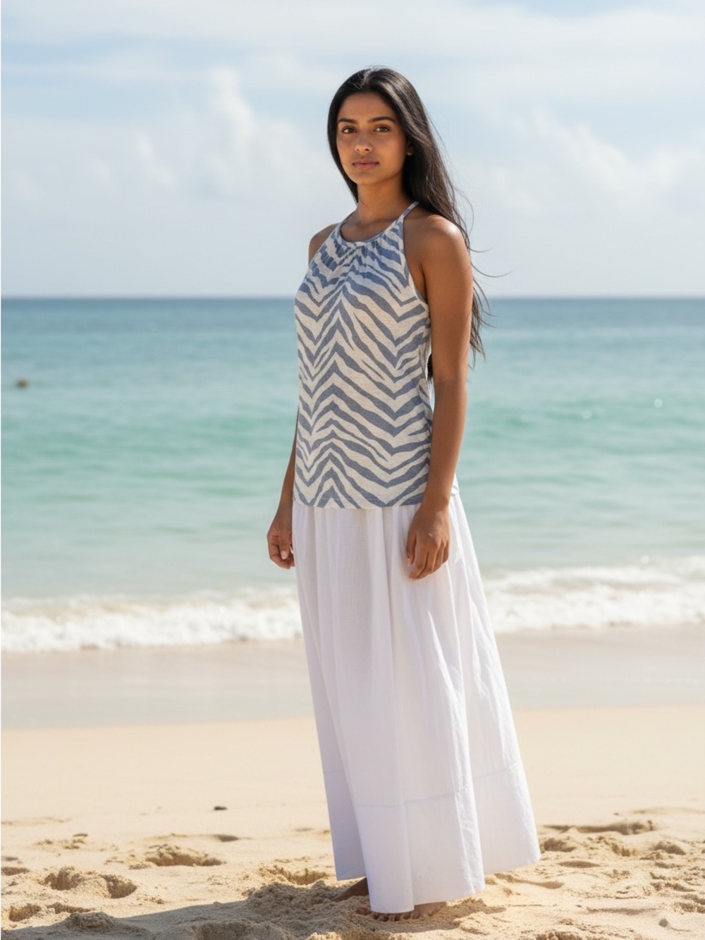 Tahari 100% Linen Blue and White Zebra Print Tank Top Medium